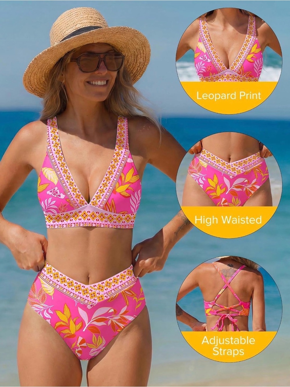 Women's High-Waisted Pink Floral V-Neck Bikini with Adjustable Straps